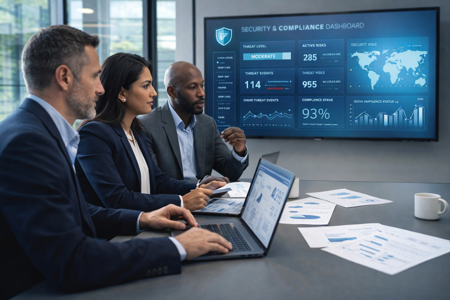 Cybersecurity team reviewing compliance and response plans